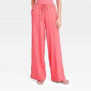 A New Day Pants Womens Medium Pink High-Rise Wide Leg Linen Blend Pull-On NWT
